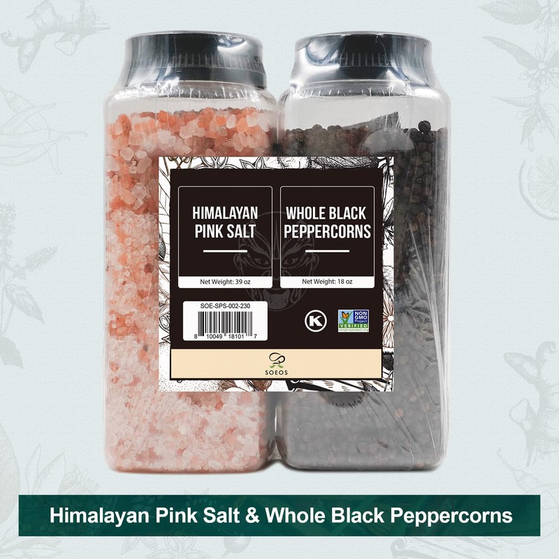 Soeos Himalayan Pink Salt 39 oz + Whole Black Peppercorns