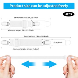 4 Stück Verstellbare Bettlakenspanner, Betttuchspanner verstellbar Bettlakenspanner Einstellbereich 55-240cm Lakenspanner mit Metallclips matratzenspanner für Bettlaken, Bügelbrett Oder Sofa（Weiß）