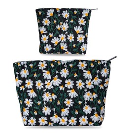 BOCGRPU 2 Pcs Makeup Bags for Purse, Large Cosmetic Bag Travel Toiletry Bag Set Organizer for Women, Embroidery Craft Floral Makeup Bag,Small Cosmetic Pouch Purse with Zipper (Daisy Black)