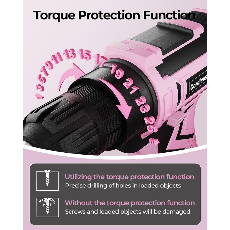 Pink Cordless Drill Set, Double 2000mAh Power Pack Electric Power