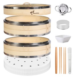 Bamboo Steamer Basket, Stainless Steel Reinforced Rim, 12-Inch 2-Tier Steamer for Cooking, 50 Liners Chopsticks Sauce Dish Dumpling Makers, Steaming Asian Food Bao Buns Dim Sum Rice Veggies Steam Pot