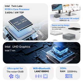 MOREFINE M8 N150 Mini PC, Intel Twin Lake N150 up to 3.6 GHz(Upgraded N100), Min Desktop Computer 16GB DDR4 RAM 512GB NVMe SSD, Micro PC 4K Dual Display/USB3.2/WiFi/BT