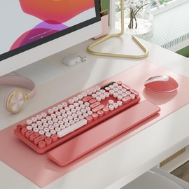 Wireless Keyboard and Mouse - Cute Round Keycaps, Detachable Wrist Rest, Full-Size Retro Typewriter Keyboard with Tilt Legs, 2.4G Wireless Combo for Women, PC, Laptop, Windows - Trueque (Blush Pink)