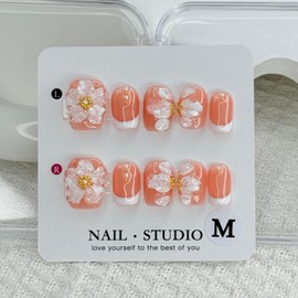 Handmade Press on Nails 3D Flower Embossed False Nails Short Square White French Acrylic Nails Reusable 3D Flower and Pearl for Girls Manicure Art Decoration Accessories (Size M)