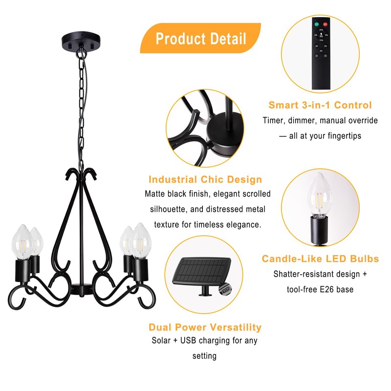 TWINKVILLA Solar Chandelier Outdoor, 4-Lights 23" Rustic Farmhouse Industrial Iron