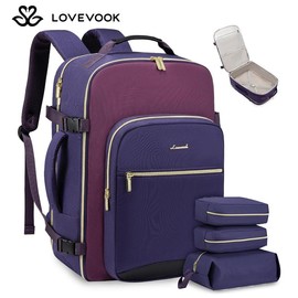 LOVEVOOK Fall Travel Backpack for Women & Men as Personal Item Flight Approved, Large Capacity Carry on Backpack for Airplanes with 3 Packing Cubes and Laptop Compartment, Waterproof WeekenderBag for Hiking, Overnight:_Dark purple-purple-black_40L
