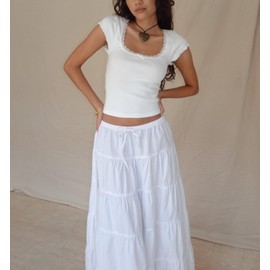 Women Fairy Grunge Y2k Shirts Square Neck Lace Patchwork Tops Aesthetic Clothes White S