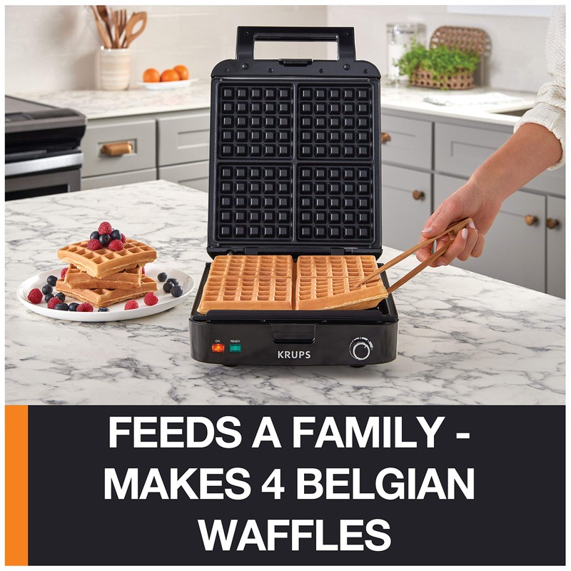 KRUPS 4-Slice Belgian Waffle Maker: Stainless Steel, 5 Browning Levels,