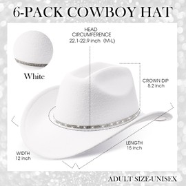 Hercicy 6 Pack Western Cowboy Hats with Rhinestone Tassel Bands Adjustable Sparkly Cowgirl Party Hats for Adults Women Men(White)