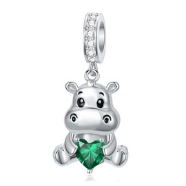 ROMANTICWORK Hippo Charm with Birthstone, 925 Sterling Silver, 12 Months Hippo Charm for Hippo Bracelets, Hippo Highland Cattle Bead Jewelry for Women, Hippo Lovers, Sterling Silver, No Gemstone