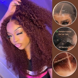 Nadula Pre Everything 13x4 Bye Bye Knots Reddish Brown Glueless Pre Cut Lace Front Curly Wigs Human Hair Pre Plucked Bleached Knots Put on and Go Glueless Wig 180% Density 16inch