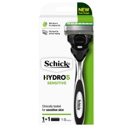 Schick - Hydro 5 Sensitive Kit for Men, 1 Handle with 1 Refill, Hydrating Gel Pools, Protection from Irritation, 5 Blade Cartridge with Skin Guards