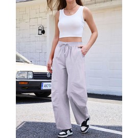 LOOKBOHO Women's Travel Pants 2025 - Cargo High Waist Wide Leg Baggy Parachute Casual Drawstring Lightweight Hiking Trouser Streetwear with Pockets Gray X-Large