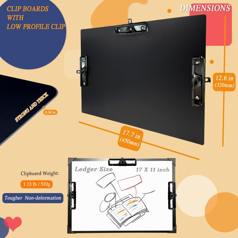 Three Black Clip Aluminum 11x17 Clipboard Metal A3 Hangable Cliping