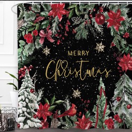 Christmas Poinsettia Shower Curtain Winter Tree 72x72 Inch