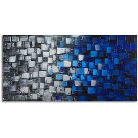 Textured Abstract Squares Canvas Wall Art Hand Painted Modern Dark Blue and Silver Oil Painting Picture Decor for Home and Office Framed Ready to Hang 48x24inch