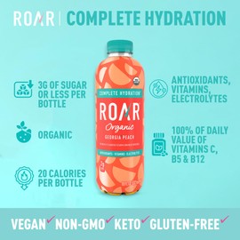 ROAR Complete Hydration Organic - Electrolyte Drinks Loaded with Vitamins C, B5, B12 - Non-GMO, Gluten-Free - Georgia Peach - 12 pc