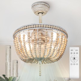 Frstem 20" Boho Ceiling Fan with Light & Remote, Flush Mount Wood Beaded Fandelier Chandelier, 6-Speed/3 CCT/Bladeless/Quiet DC Motor/Low Profile, for Bedroom Living Room Hallway Patio Kitchen