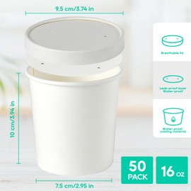 50pack 16oz Paper Soup Containers with Lids, Disposable Kraft Paper Food Cups, Ice Cream Cups, Paper food Storage with Lids, Microwavable and Freezer Safe, Suitable for Christmas Thanksgiving (White)