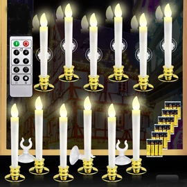 KITHOUSE 12 Set Christmas Window Candles Lights with Timer Battery Operated Electric LED Taper Candles Flameless for Windows, Gold Candle Holders, Suction Cups & 24 PCS Battery Included (12 Set)