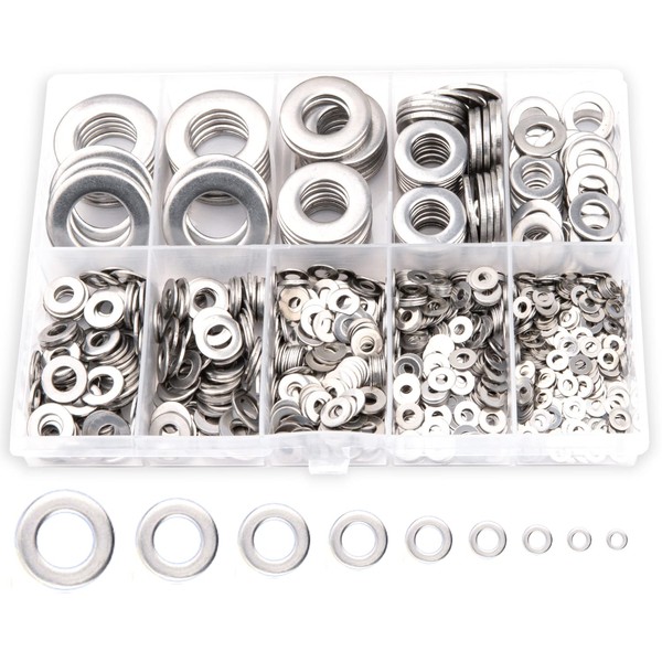 800Pcs Assorted Washers for Screws - 304 Stainless Steel Flat Washers for Bolts - Rust Free Fender Washers Set - Metal Washers for Homes Construction Automotive Repairing DIY - HARDLAD