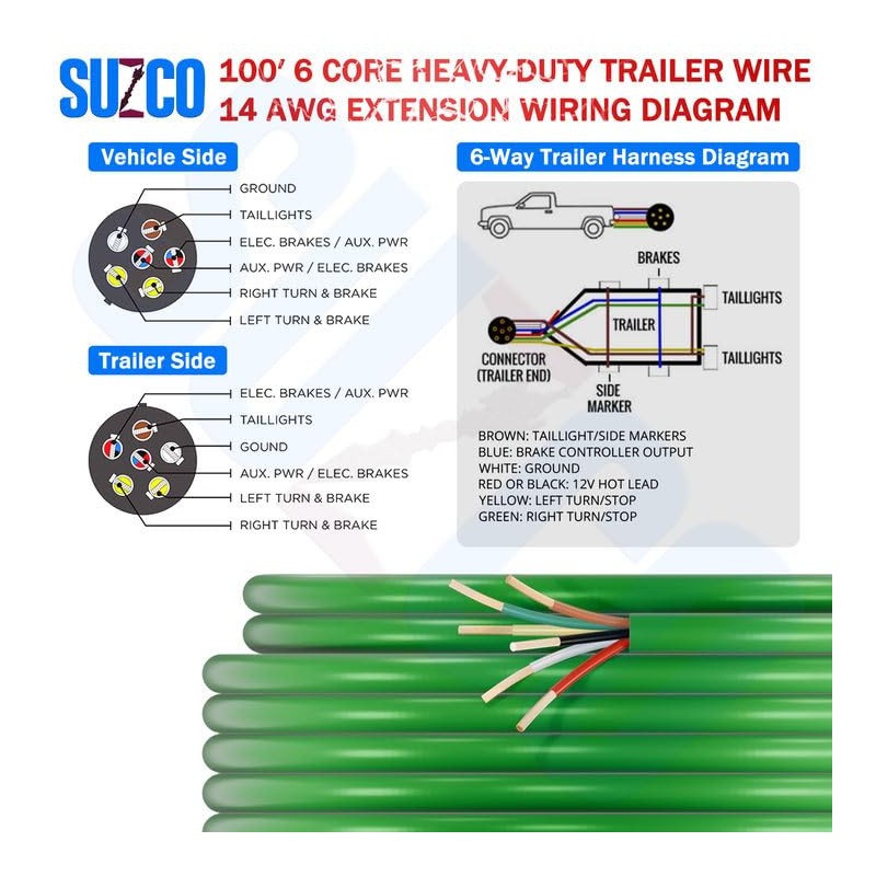 Enough 14AWG 100FT 6 Way Trailer Wire Harness - Green