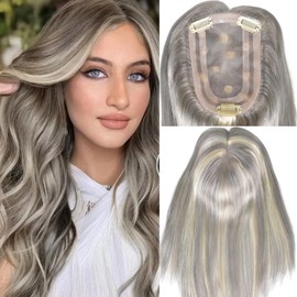 Voloria 14INCH Clip In Hair Toppers for Women Real Thinning Human Hair 4x6inches Mono Lace with PU Base Free Part No Bangs Silk Straight Hair Grey Spot 613#