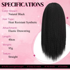 PEACOCO Drawstring Ponytail for Black Women Long Yaki Straight Ponytail Hair Extension 16 Inch Thick Pony Tail Clip in Synthetic Ponytail Hairpiece 1B Natural Black