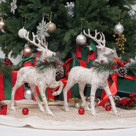 Christmas Reindeer Figurines Holiday Decoration White Deer Stag Standing Indoor Decorative Ornaments with Green Pine Wreath For Xmas Winter Fireplace Desk Party Wonderland Decor, 12", 2packs