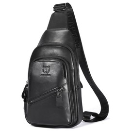 BULLCAPTAIN Mens Leather Sling Bag Backpack Casual Outdoor Shoulder Crossbody Chest Bag with USB Charging Port (Black)