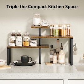 Alsonerbay Countertop Organizer Organization,3 Tier Corner Shelf for Kitchen Counter with Hooks for Coffee Area, Bathroom, Over Sink, Dresser Table (Rustic Brown)