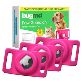 BugMD Paw Guardian Flea & Tick Pendant (3-Pack) with AirTag Holder – Plant-Based Flea & Tick Prevention for Dogs & Cats – Pet Collar Tag & GPS Tracker Holder for Cats & Dogs – Pink