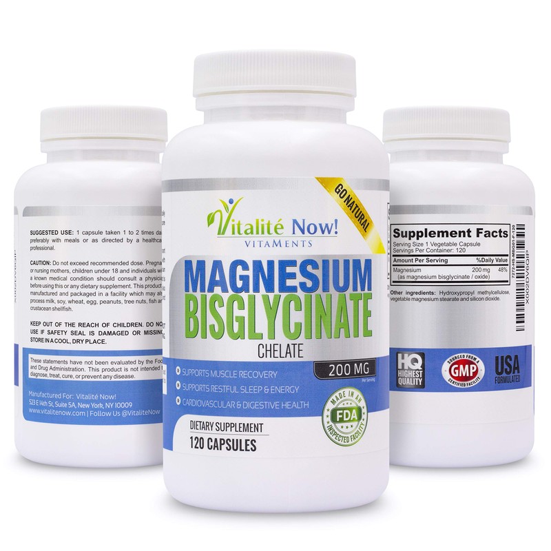 Vitalité Now! Magnesium Bisglycinate 200mg - 100% Chelated Capsules for