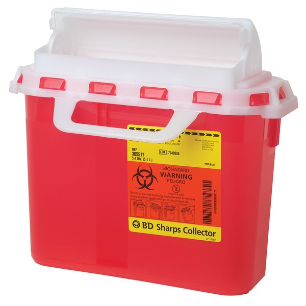 BD Medical Systems 305426 Sharps Collector with Counterbalanced Door, Horizontal, 5.4 Quart Capacity, 10.75" Height x 12" Width x 4.5" Depth, Red (Pack of 12)