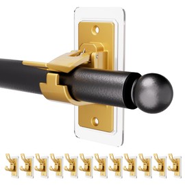 12PCS Self Adhesive Curtain Rod Bracket, No Drilling Curtain Rod Holders, 20lbs Load Capacity Golden Hangers for Bathroom, Living Room, Kitchen
