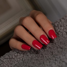 KQueenest Red Press On Nails Medium Square - Acrylic Press On Nails with Glue, Wine Red Coffin Short Fake Nails Press ons, Glossy Opaque, Reusable Soft Gel Glue on Nails for Women, 28 Pcs