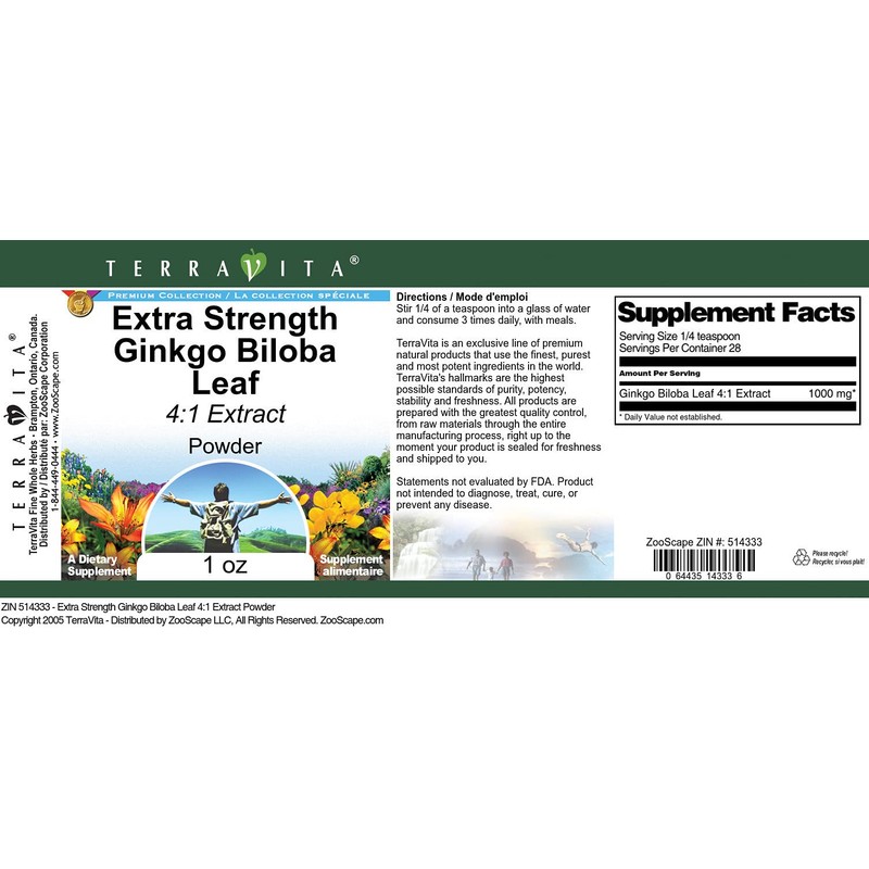 Extra Strength Ginkgo Biloba Leaf 4:1 Extract Powder (1 oz,