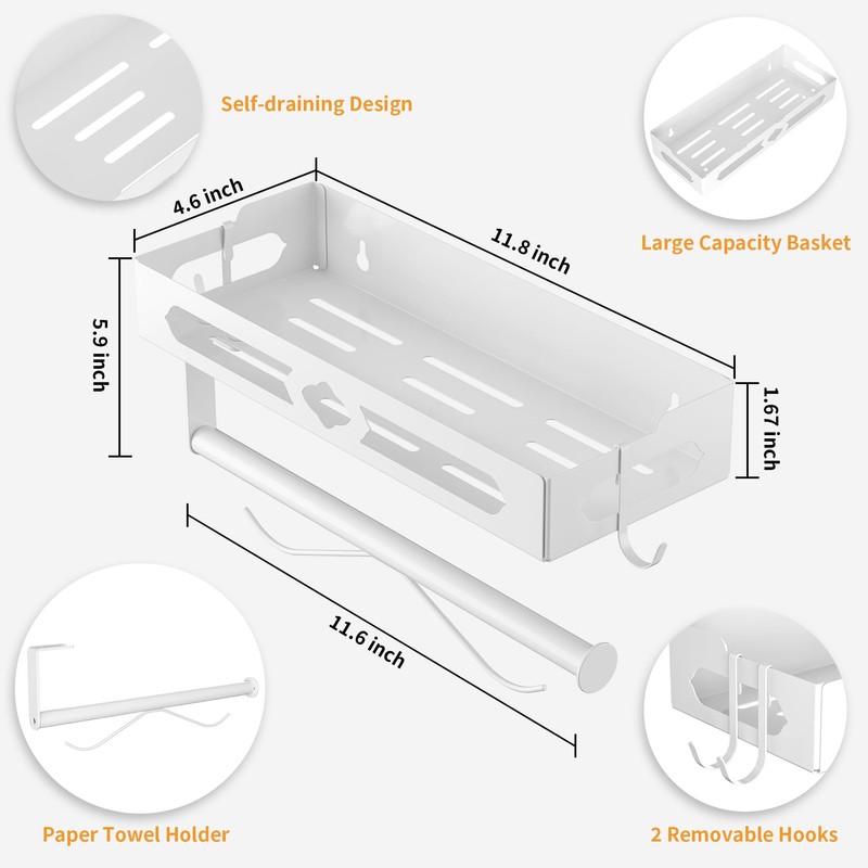 White Paper Towel Holder Wall Mount with Shelf - Adhesive