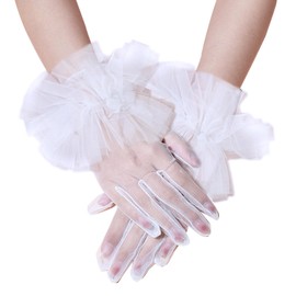 AWOCAN Women's Ruffled Tulle Mesh Gloves - Wedding, Bridal, Tea Party, Dance - Wrist Length (WHITE-1)