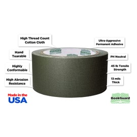 BookGuard 2 inch Premium Bookbinding Repair Cloth Tape, 15 Yard Roll, Olive