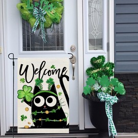 CROWNED BEAUTY St Patricks Day Garden Flag Black Cat Shamrock 12x18 Inch Double Sided for Outside Hello Lucky Small Burlap Holiday Green Clover Welcome Yard Decoration