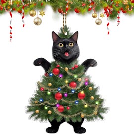 Black Cat Christmas Ornaments, 2024 Black Cat Xmas Decor Tree Hanging Tree Topper, Black Cat Ornaments Christmas Decoration for Tree Room (D)