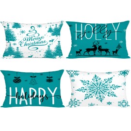 Miaikoe Teal Christmas Cushion Covers 30 x 50 cm Set of 4 Christmas Decorations Happy Holidays Holly Jolly Snowflake Merry Christmas Decor Throw Cushion Cover for Home Couch Sofa Deco