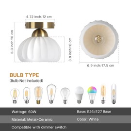 CLARSYNE Ceramic Vintage Gold Semi Flush Mount Ceiling Light Fixture, Modern Lampshade for Farmhouse Kitchen, Hallway, Bedroom, Dining Room, and Entryway, Rustic White Mid-Century Lighting