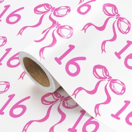 WRAPAHOLIC 16th Birthday Wrapping Paper Roll - Mini Roll - 17 Inch x 16.5 Feet - Pink Bow Wrapping Paper for Girls Birthday, Baby Shower, Party