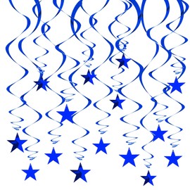 RIBBOOO Blue Hanging Reflective Star Paper Garland, 15 PCS Blue Star Glitter Garland Streamer for Graduation Wedding Baby Shower Decorations, Pack of 15