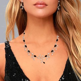 EVER FAITH Party Jewelry Set for Women, Sparkly Cubic Zirconia Pear-Shaped Birthstone Leaf Necklace Earrings Set for Prom Black Silver-Tone