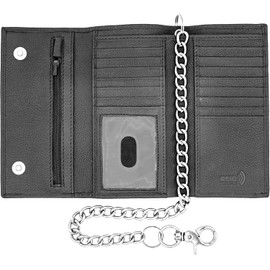 Long Trifold Chain Wallet for Men Geniune Leather Checkbook Cover, RFID Blocking chain wallet Card Slots, Zipper Coin Pocket - Biker Stainless Chain Design in the U.S.A J212C Black