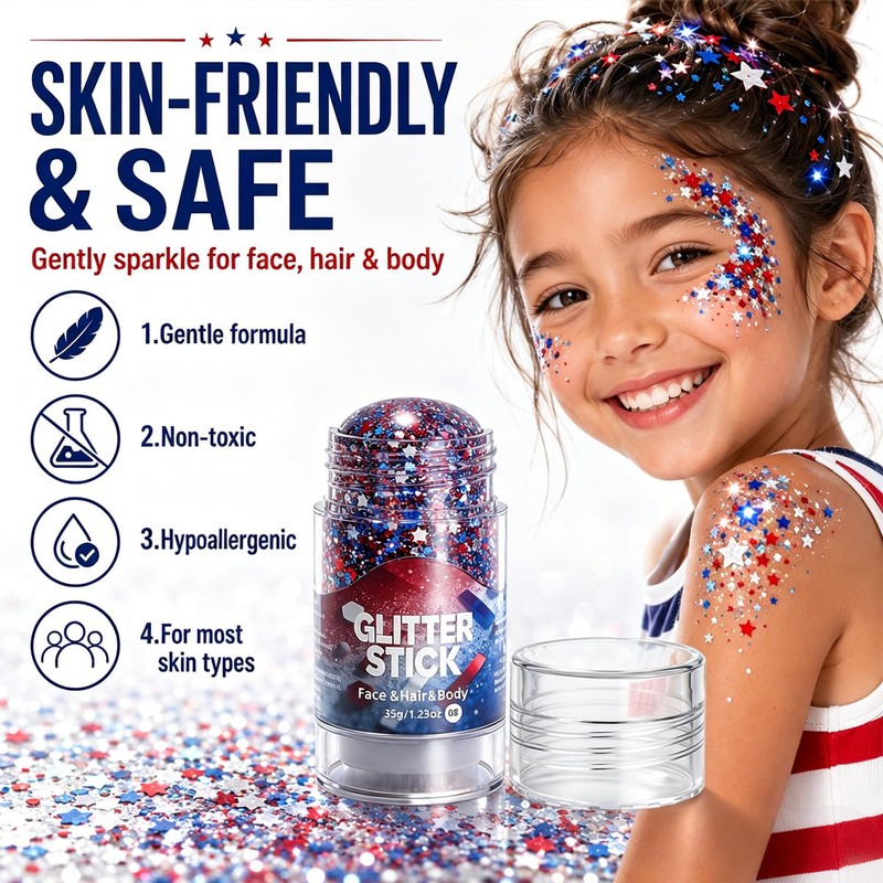 4th of July Face Glitter Stick, 2026 New Patriotic Red