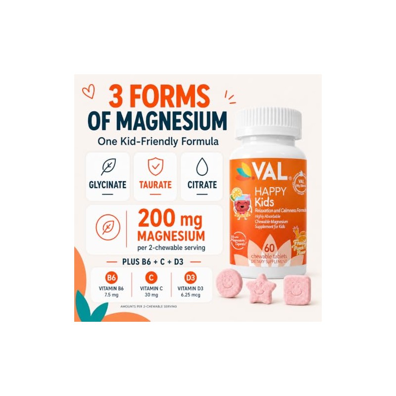 Val Magnesio para Ni?os, Magnesio de Alta Absorci?n para Calma